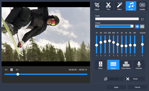 Video Converter Pro editing window on the Audio tab, with a 10-band equalizer set to the Pop preset, a volume slider, and Mono, Stereo, Extra Stereo, and Karaoke modes