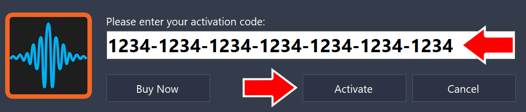 Activation Form with an activation code entered and arrows pointing to the code field and the Activate button