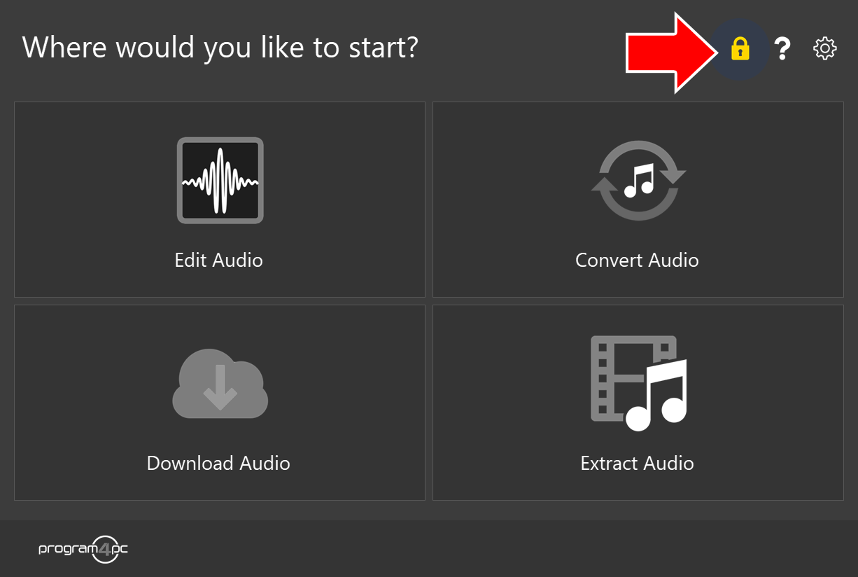 Audio Editor start screen with an arrow pointing to the yellow lock icon in the top-right corner