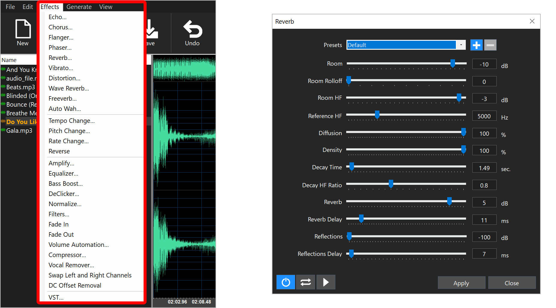 Effects menu open beside the Reverb window, which shows its settings sliders and the Apply button