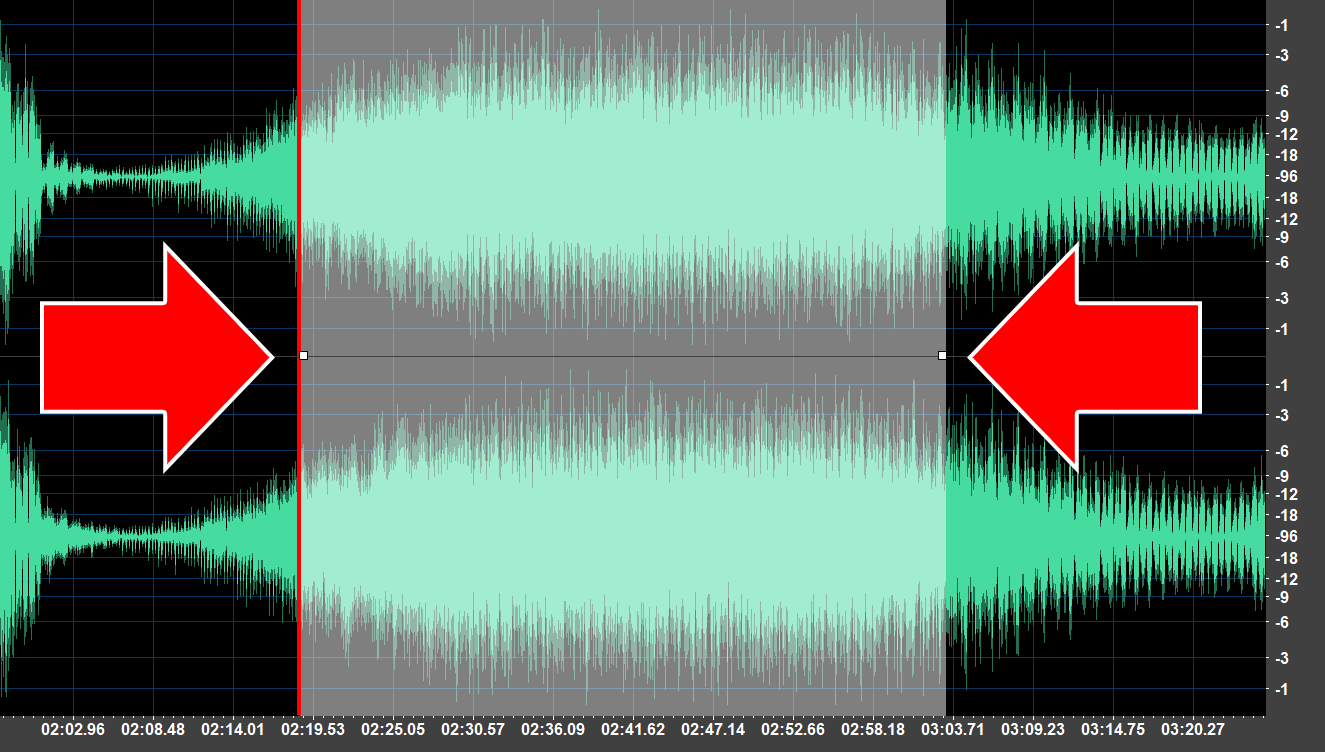 Arrows marking the start and end of a selection in the waveform