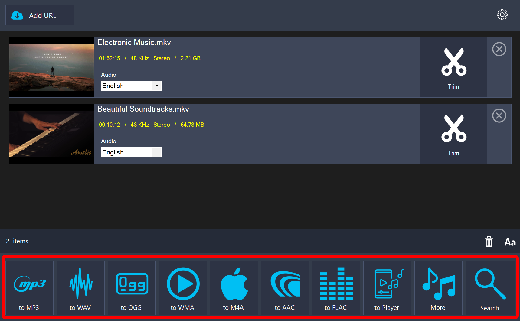 Two items in the list with the row of output buttons, from to MP3 to Search, highlighted