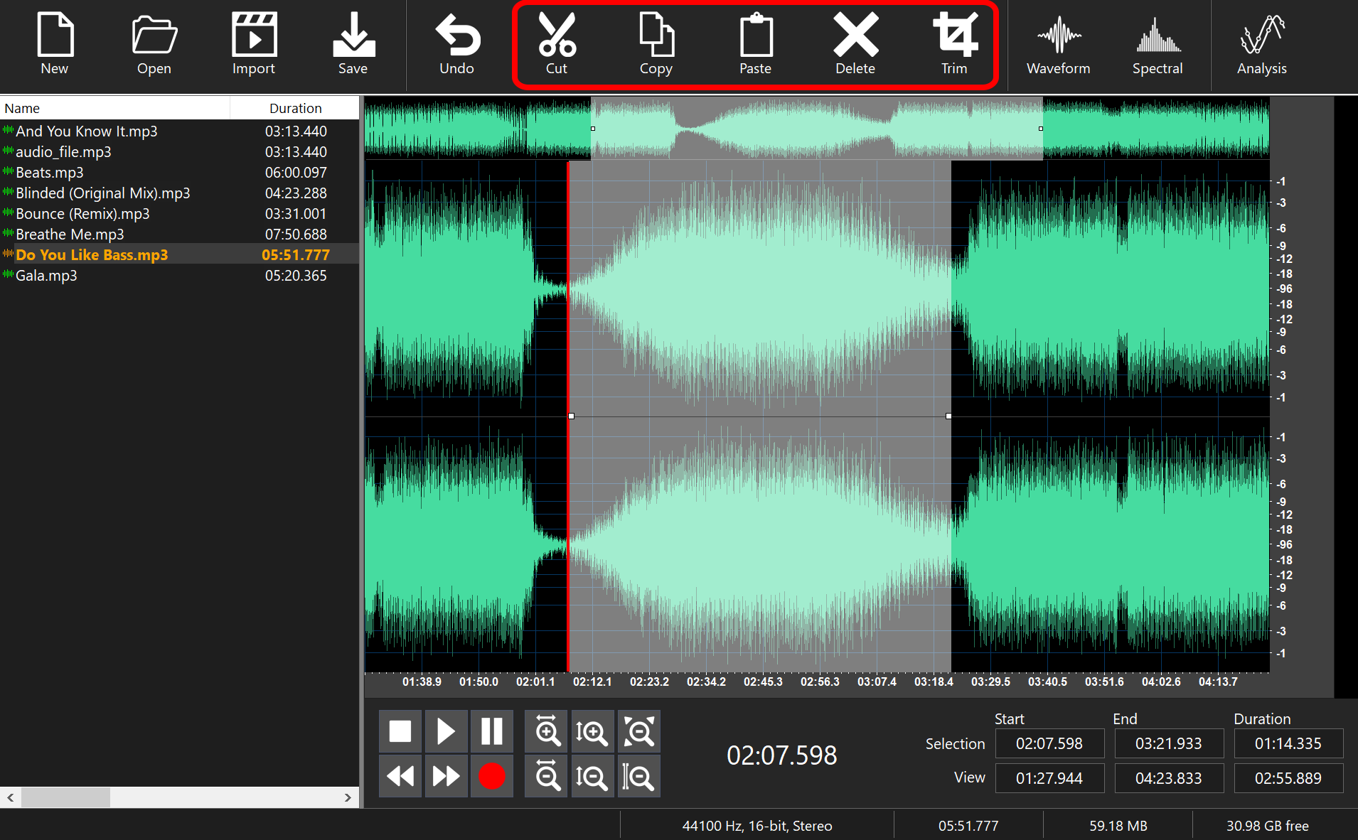 A selection in the waveform with the Cut, Copy, Paste, Delete, and Trim buttons highlighted