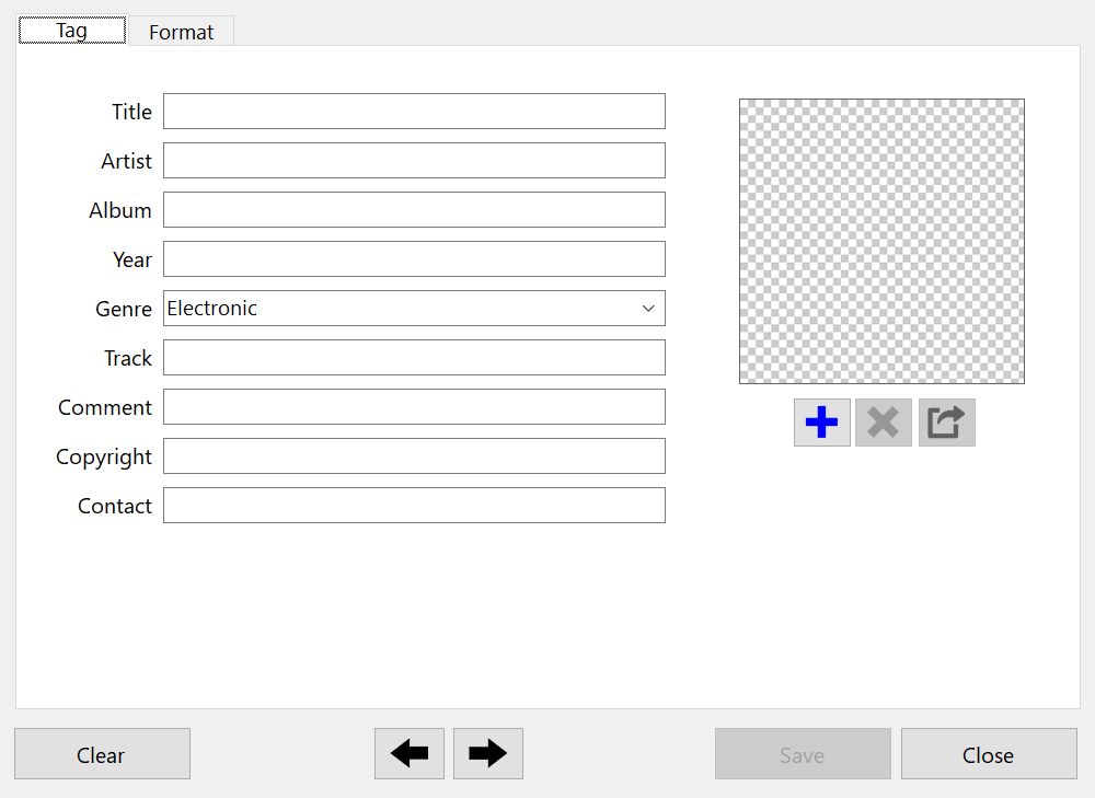 Tag tab with Title, Artist, Album, Year, Genre, Track, Comment, Copyright, and Contact fields