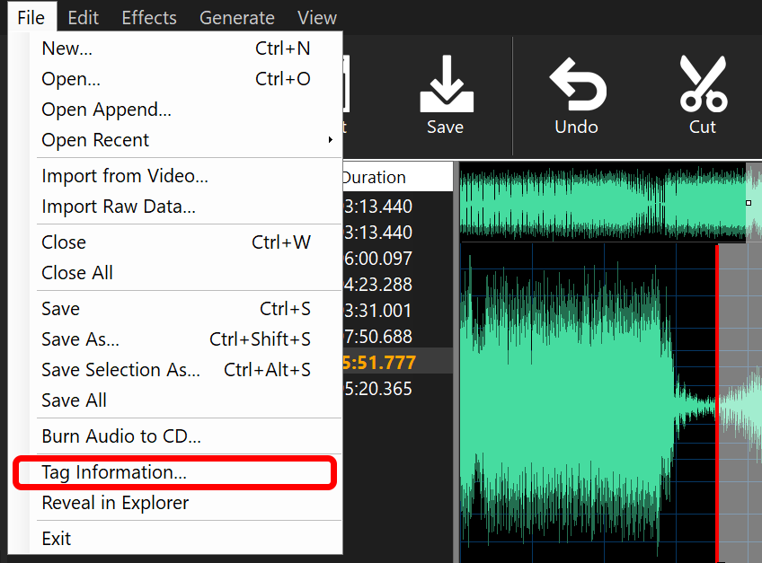 File menu open with Tag Information highlighted