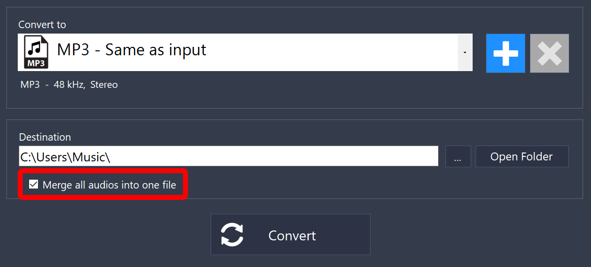 Output settings with the Merge all audios into one file checkbox checked and highlighted
