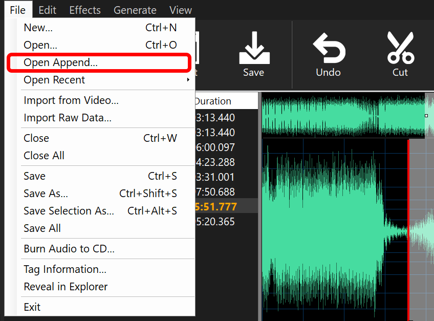 File menu open with Open Append highlighted