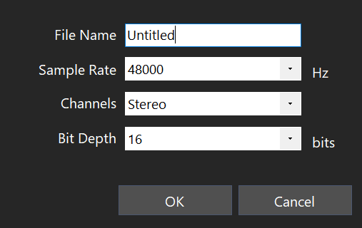New file window with File Name, Sample Rate, Channels, and Bit Depth fields