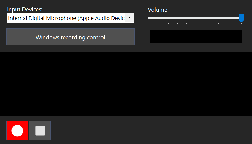 Recorder with the Input Devices list, Volume slider, and red record button