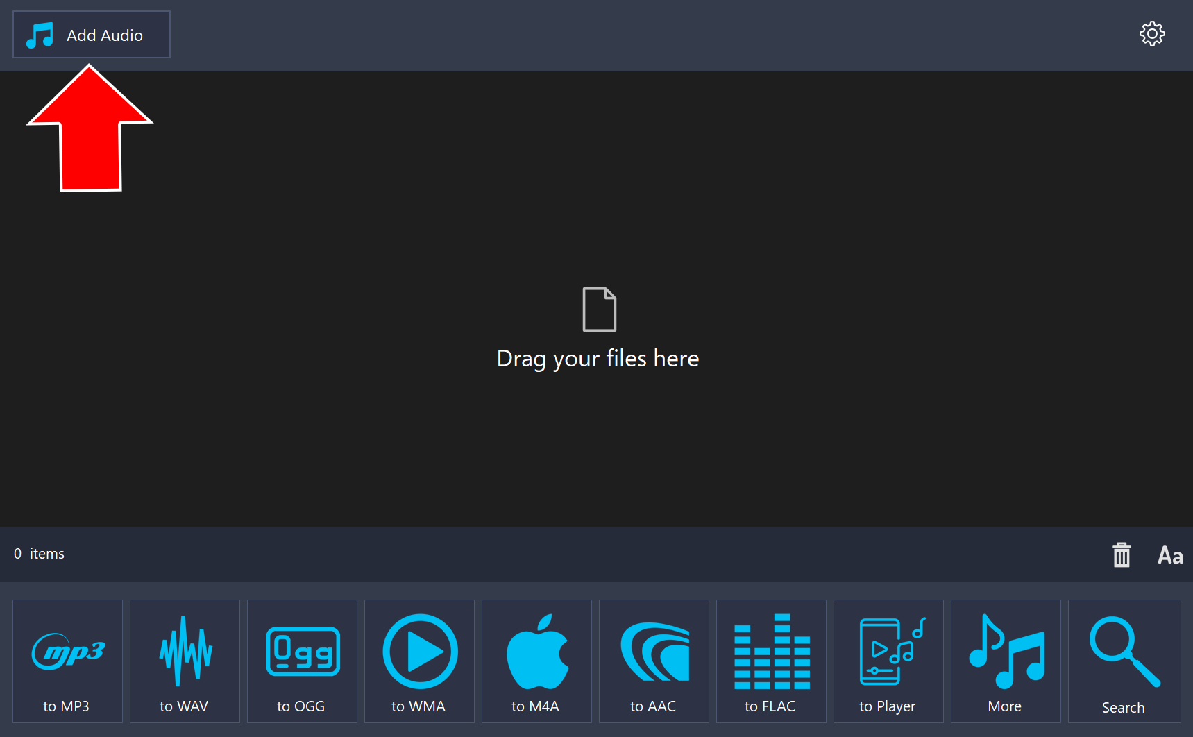 Audio converter with an arrow pointing to the Add Audio button