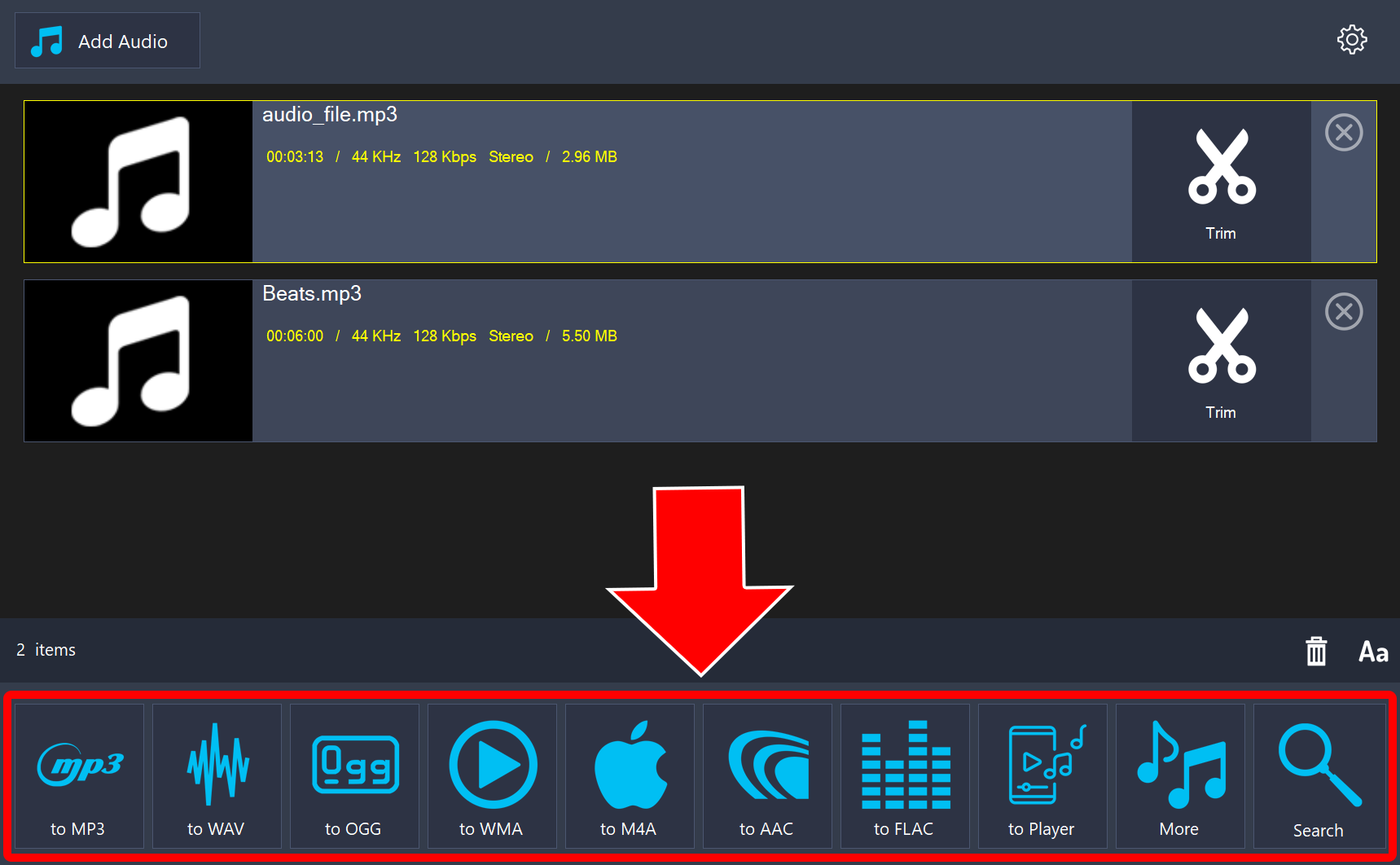 Two audio files in the converter with the row of output buttons, from to MP3 to Search, highlighted