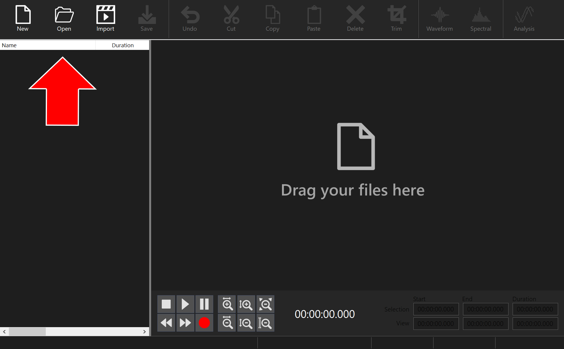 Empty audio editor with an arrow pointing to the Open button in the toolbar