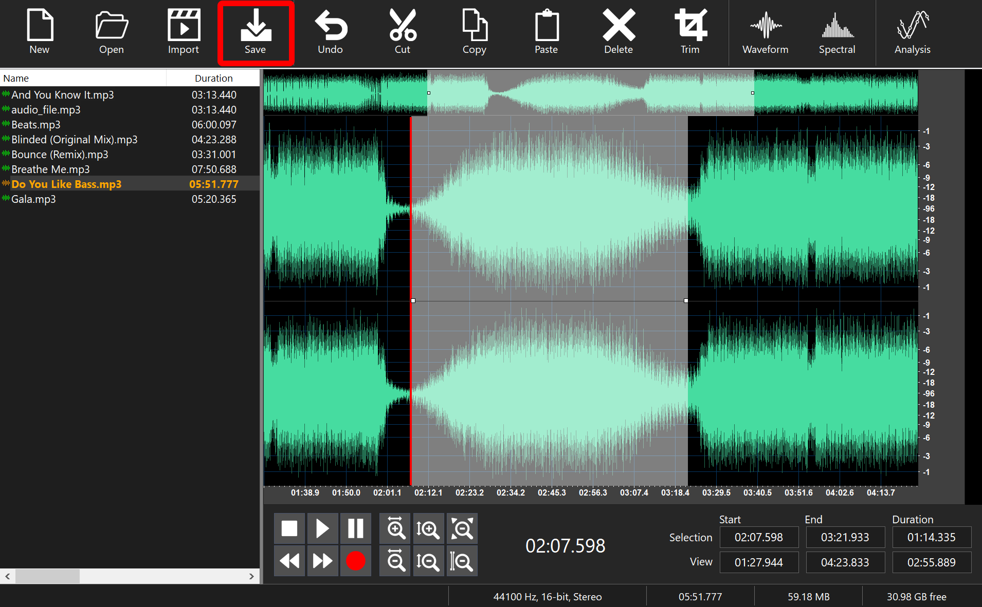 Audio editor with a selection in the waveform and the Save button highlighted