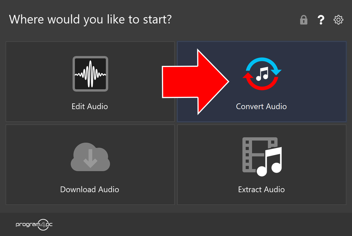 Audio Editor start screen with an arrow pointing to Convert Audio