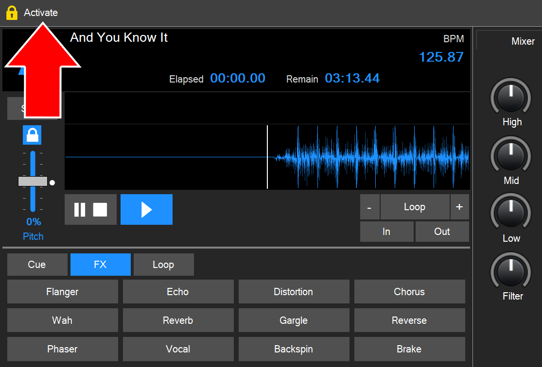 DJ Music Mixer with an arrow pointing to the Activate option in the top-left corner