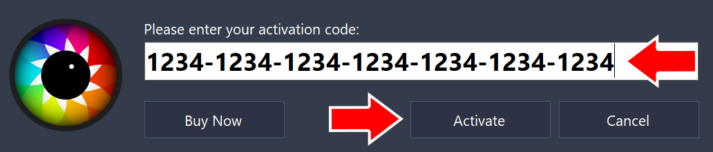 Activation Form with an activation code entered and arrows pointing to the code field and the Activate button