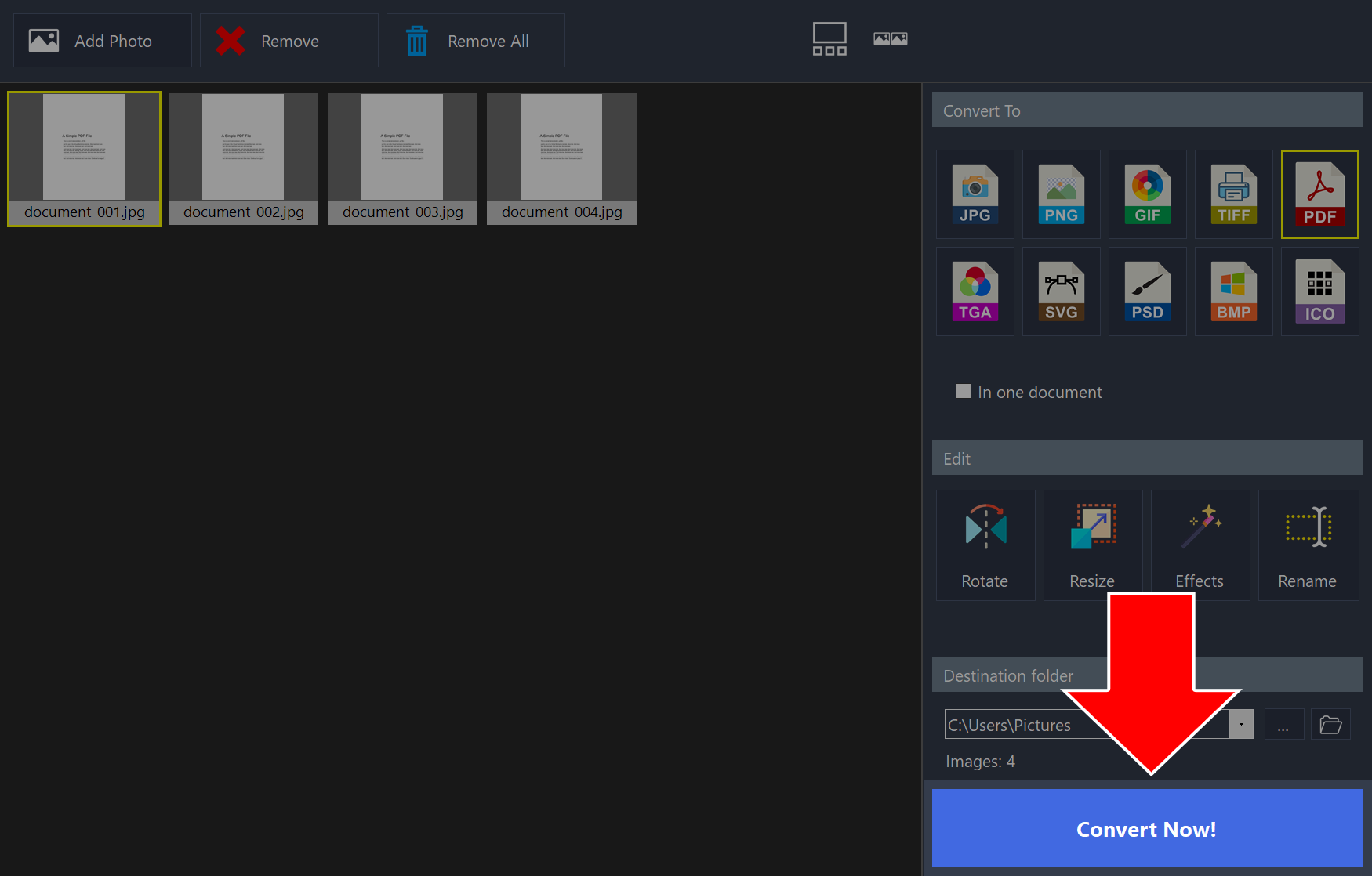 Image converter with PDF selected and an arrow pointing to the Convert Now! button