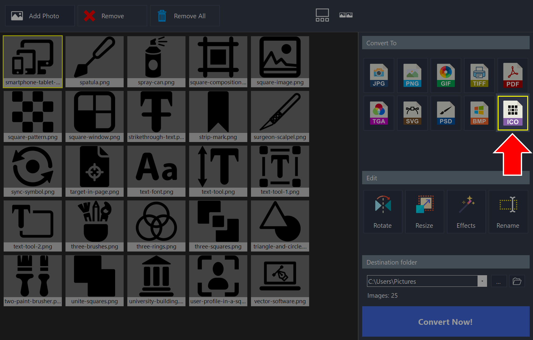 Image converter with icon images loaded and an arrow pointing to ICO under Convert To