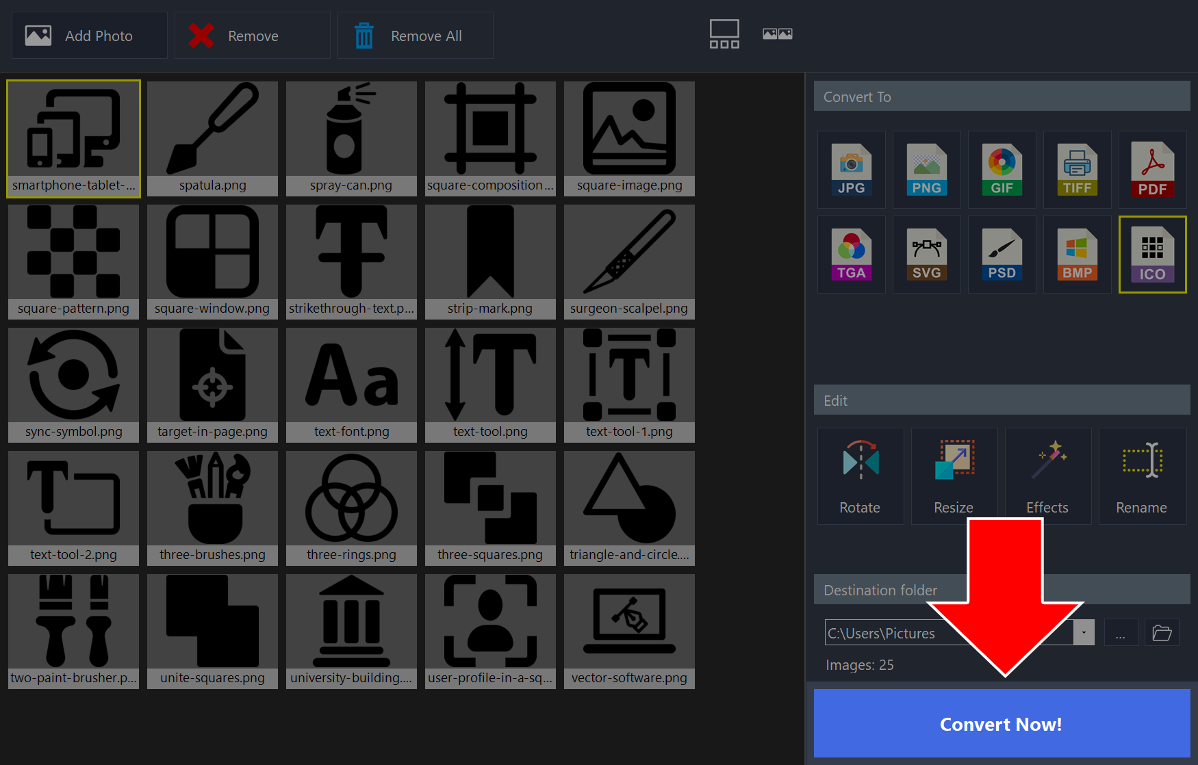 Image converter with ICO selected and an arrow pointing to the Convert Now! button