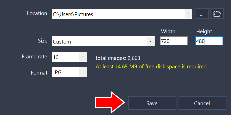 Output settings with Location, Size, Frame rate, and Format fields and an arrow pointing to the Save button