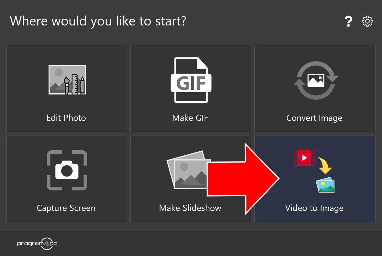 Photo Editor start screen with an arrow pointing to Video to Image