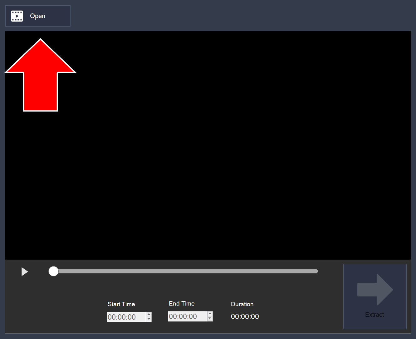 Empty Video to Image window with an arrow pointing to the Open button