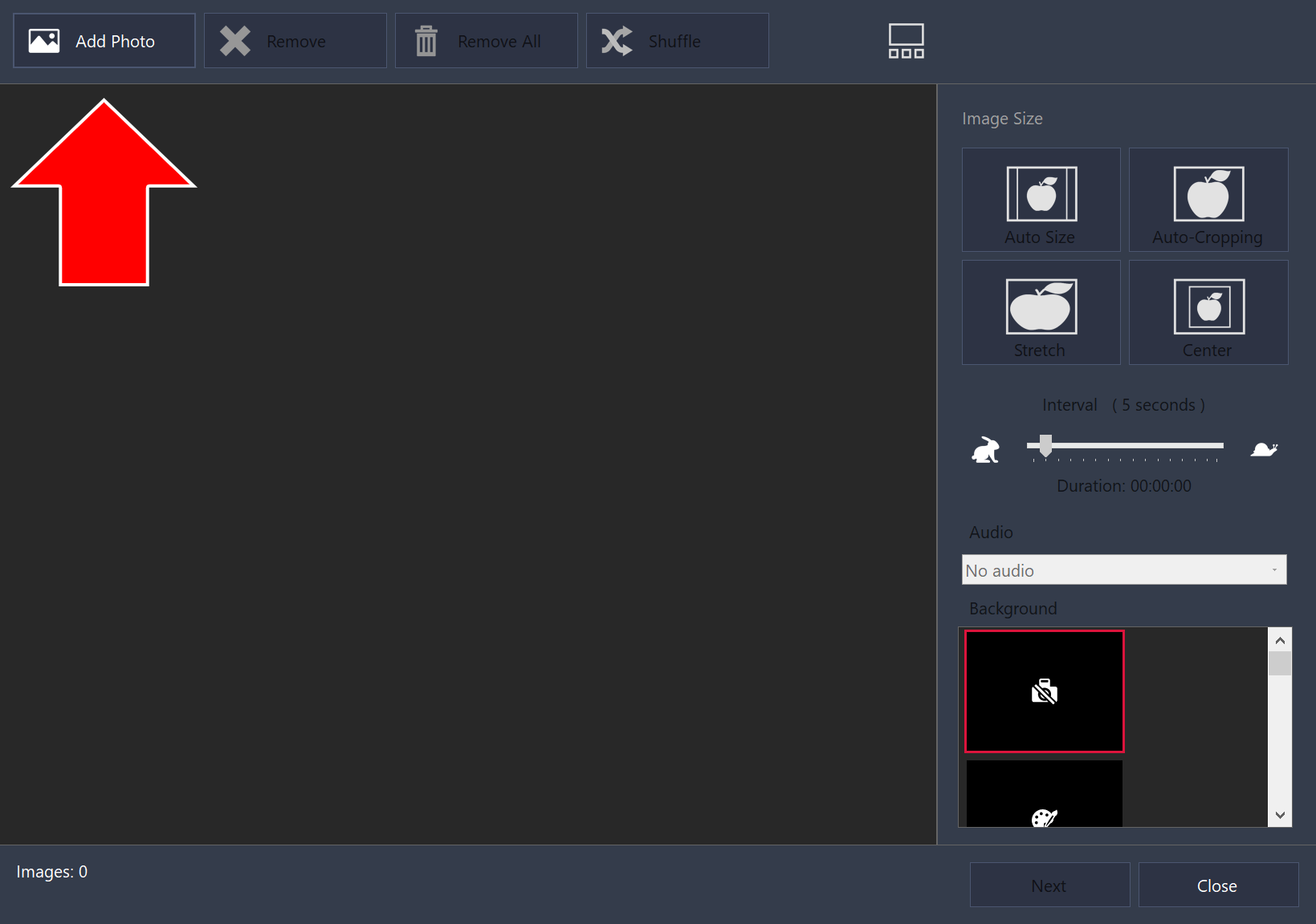 Empty slideshow maker with an arrow pointing to the Add Photo button