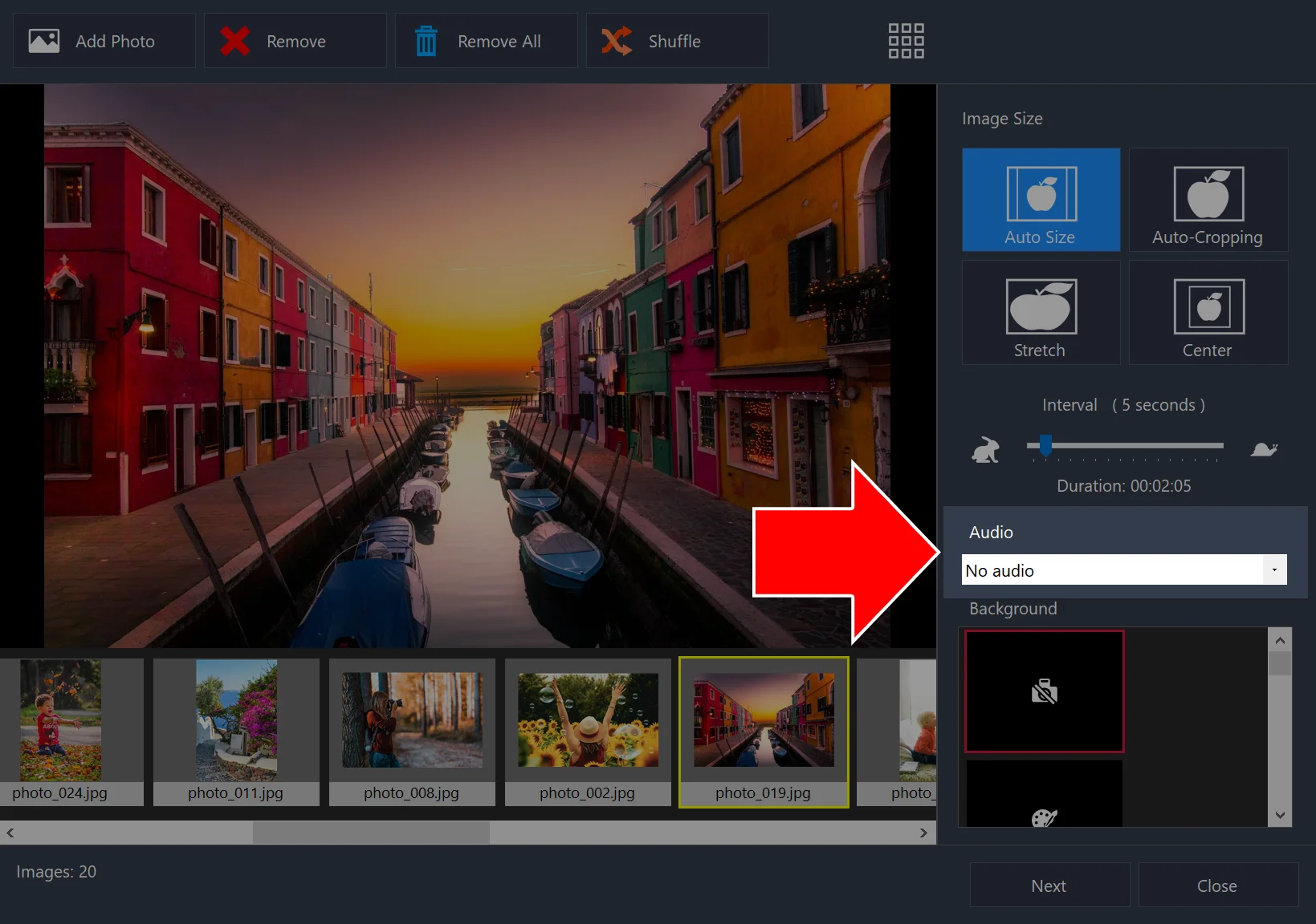Slideshow maker with 20 images loaded and an arrow pointing to the Audio list above the Background list