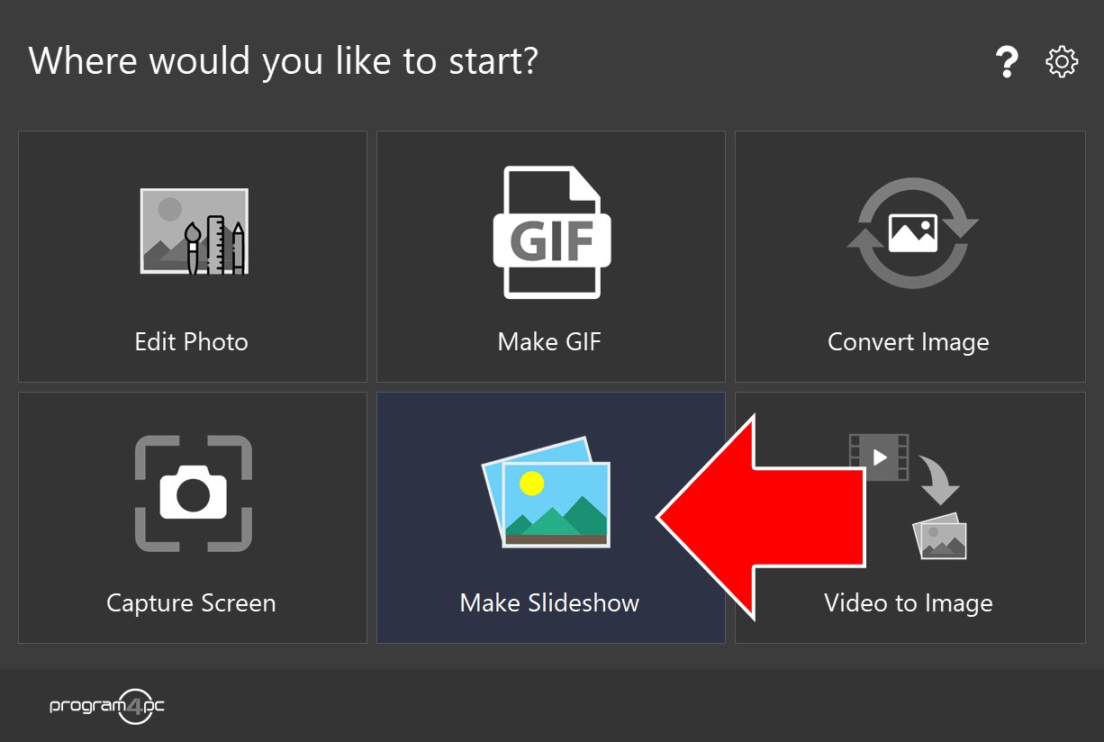 Photo Editor start screen with an arrow pointing to Make Slideshow