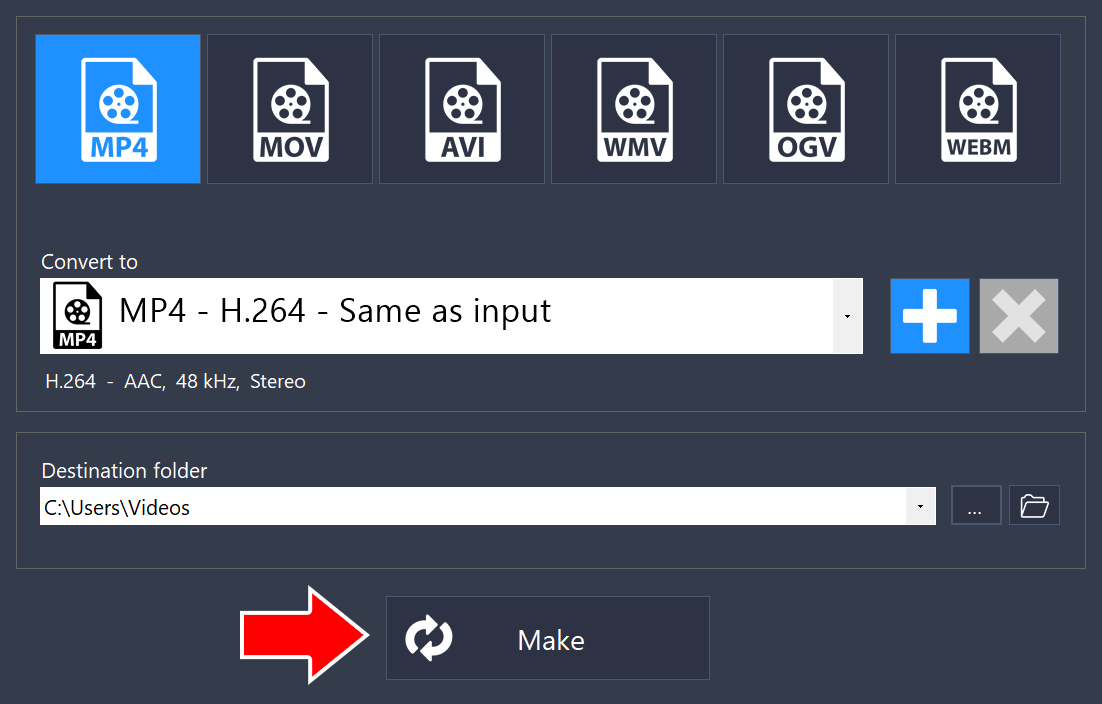 Slideshow output settings with MP4 selected, a destination folder, and an arrow pointing to the Make button