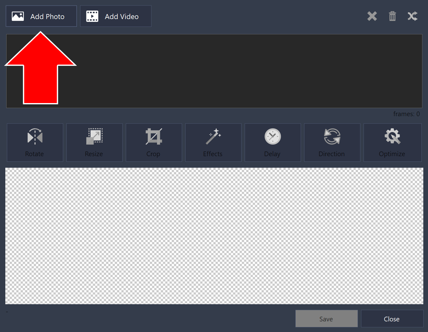 Empty GIF maker with an arrow pointing to the Add Photo button