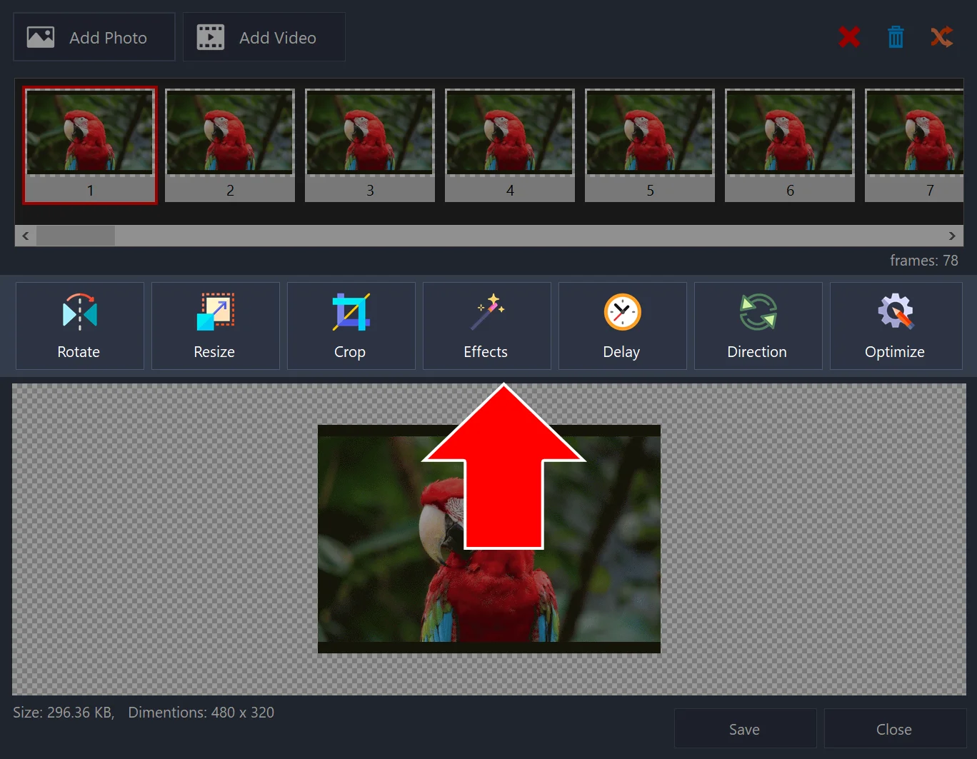 GIF maker with 78 frames loaded and an arrow pointing to the toolbar with Rotate, Resize, Crop, and Effects
