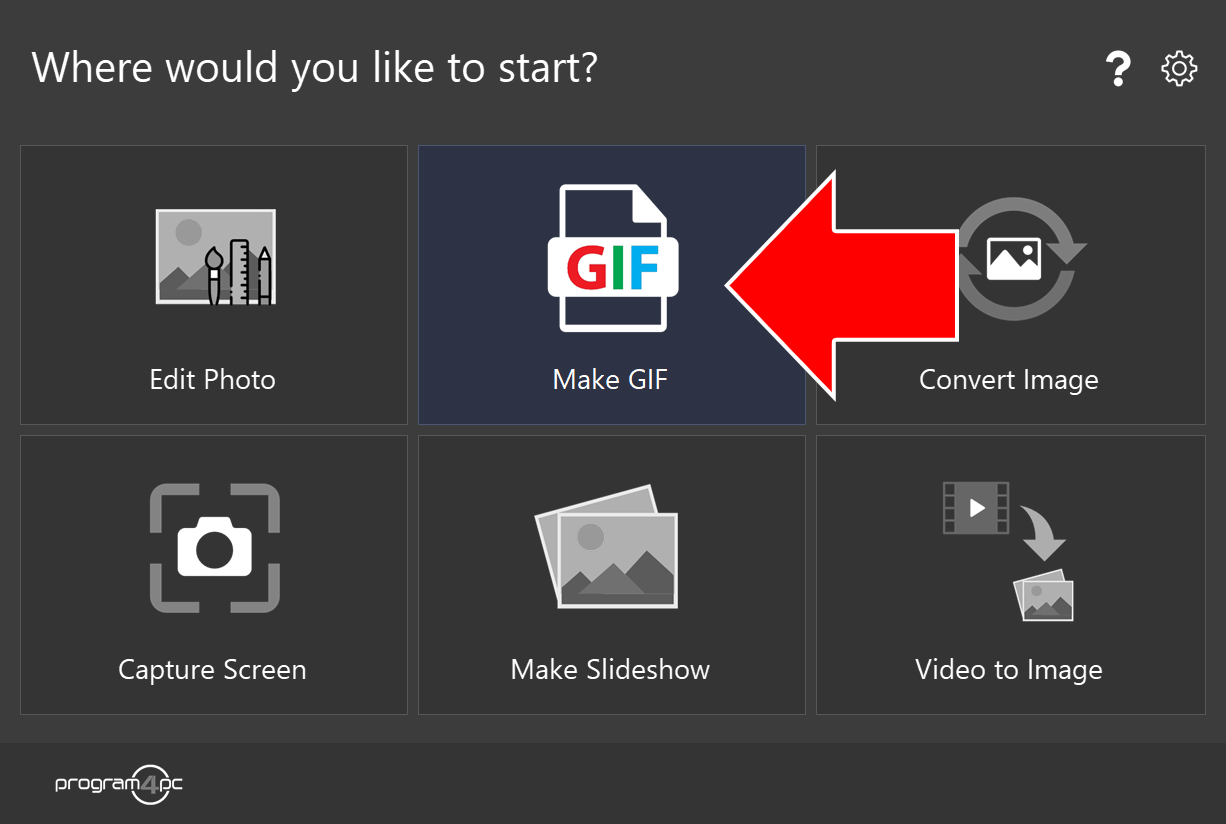 Photo Editor start screen with an arrow pointing to Make GIF