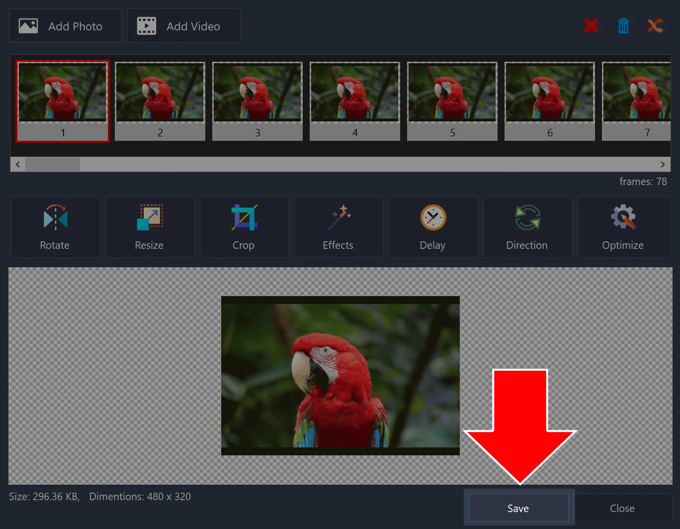 GIF maker with frames loaded and an arrow pointing to the Save button