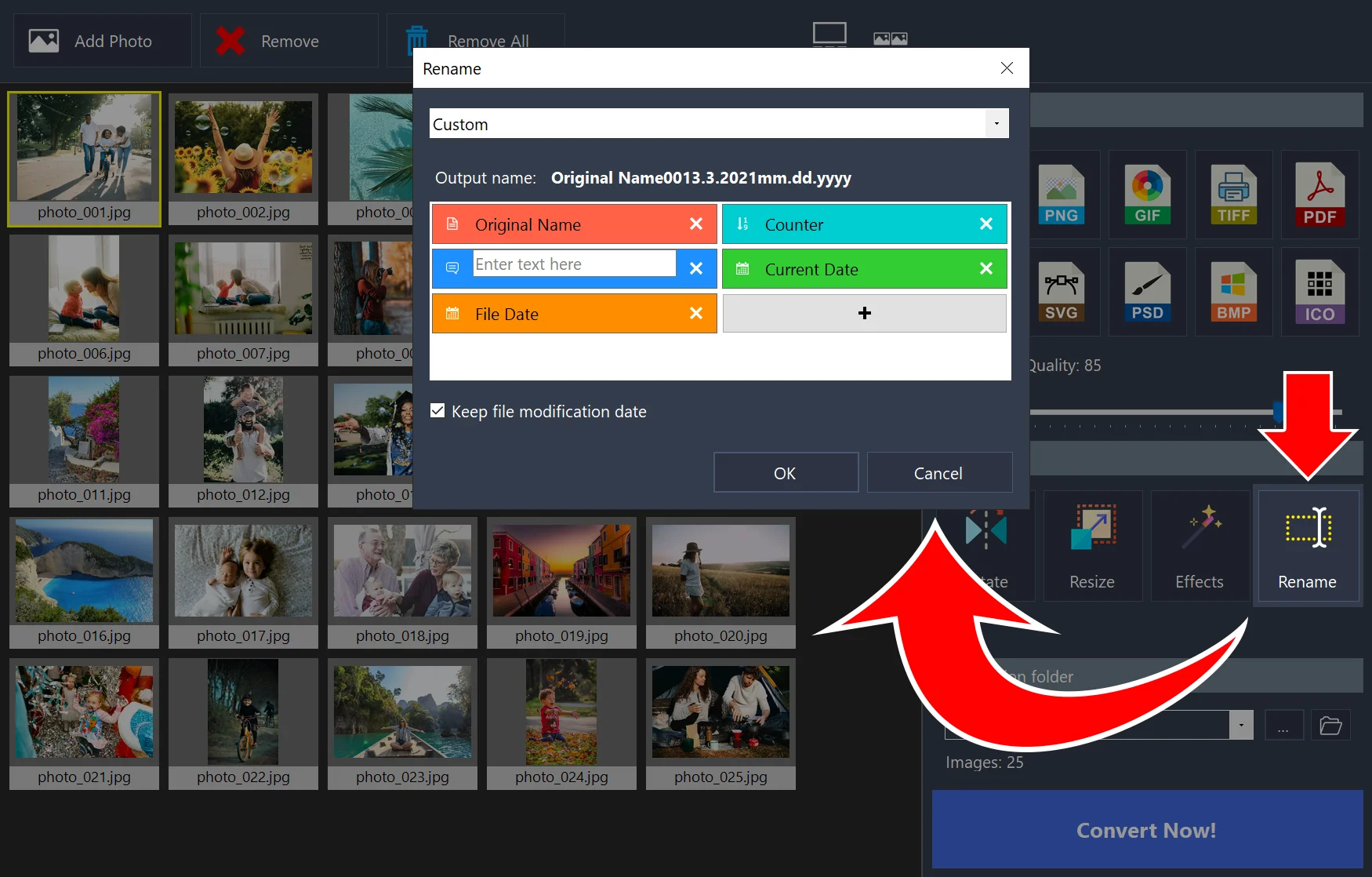 Rename window opened from the Rename button, showing Original Name, Counter, text, Current Date, and File Date items and an Output name preview