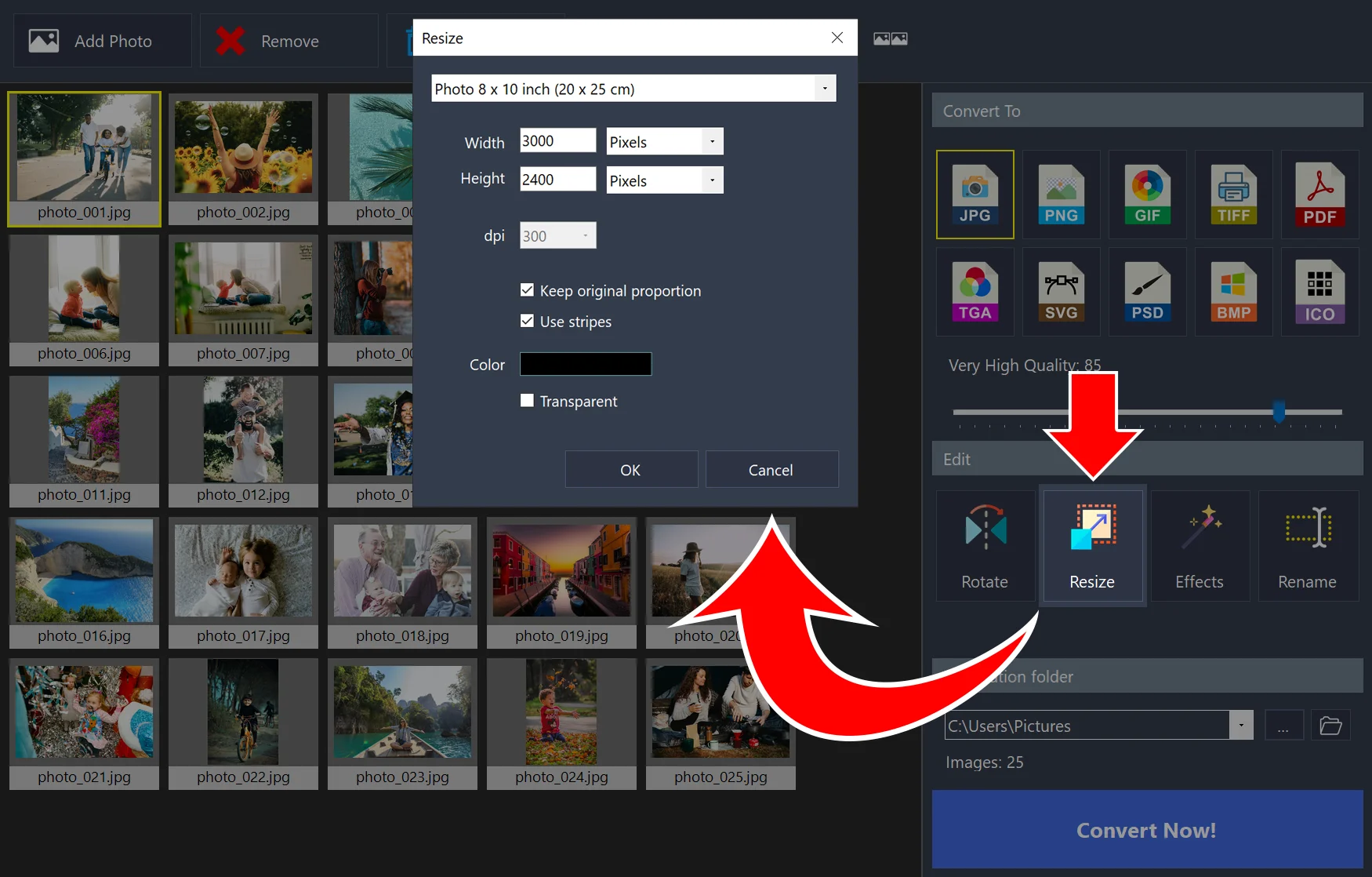 Resize window opened from the Resize button, showing a Photo 8 x 10 inch preset with Width 3000 and Height 2400 pixels