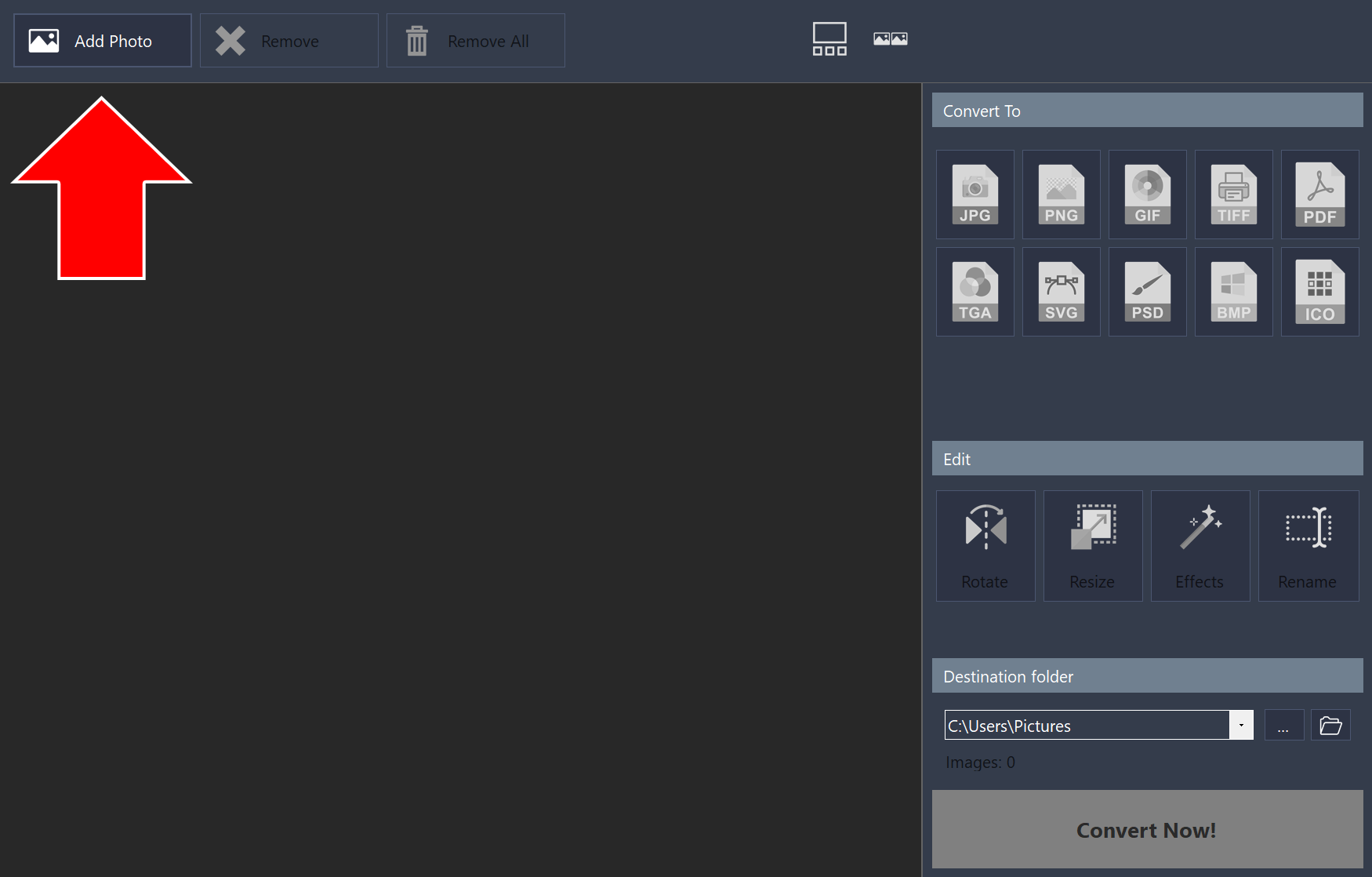 Image converter with an arrow pointing to the Add Photo button
