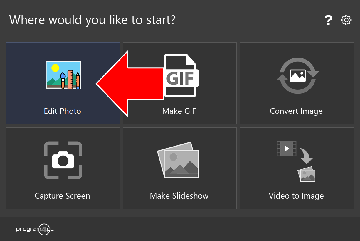 Photo Editor start screen with an arrow pointing to Edit Photo