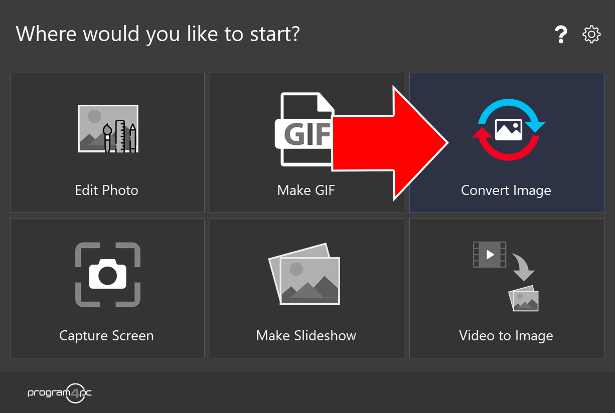 Photo Editor start screen with an arrow pointing to Convert Image