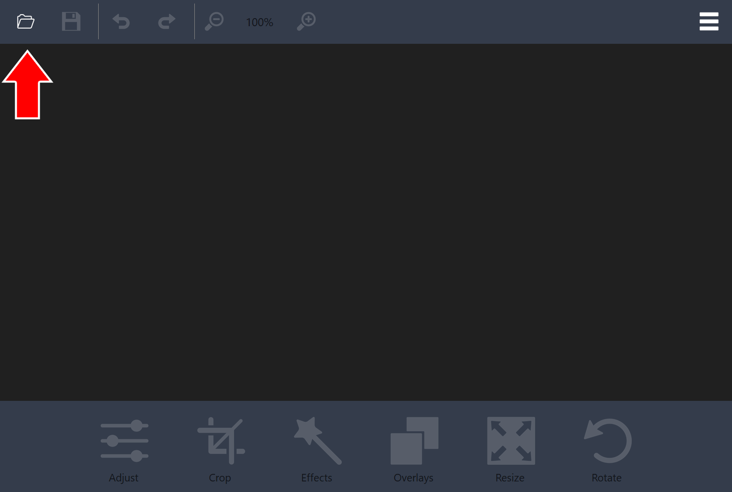 Empty photo editor with an arrow pointing to the folder icon in the top-left corner
