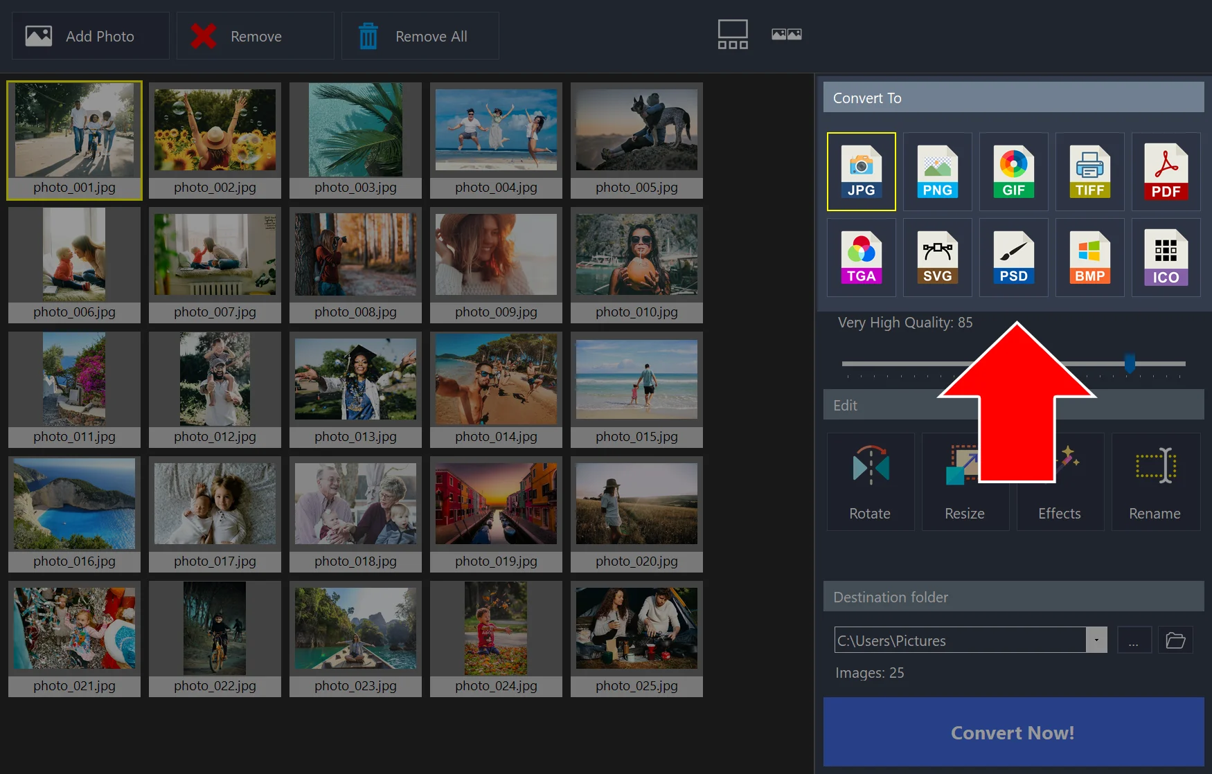 Image converter with 25 photos loaded, JPG selected under Convert To, and an arrow pointing to the quality slider set to 85