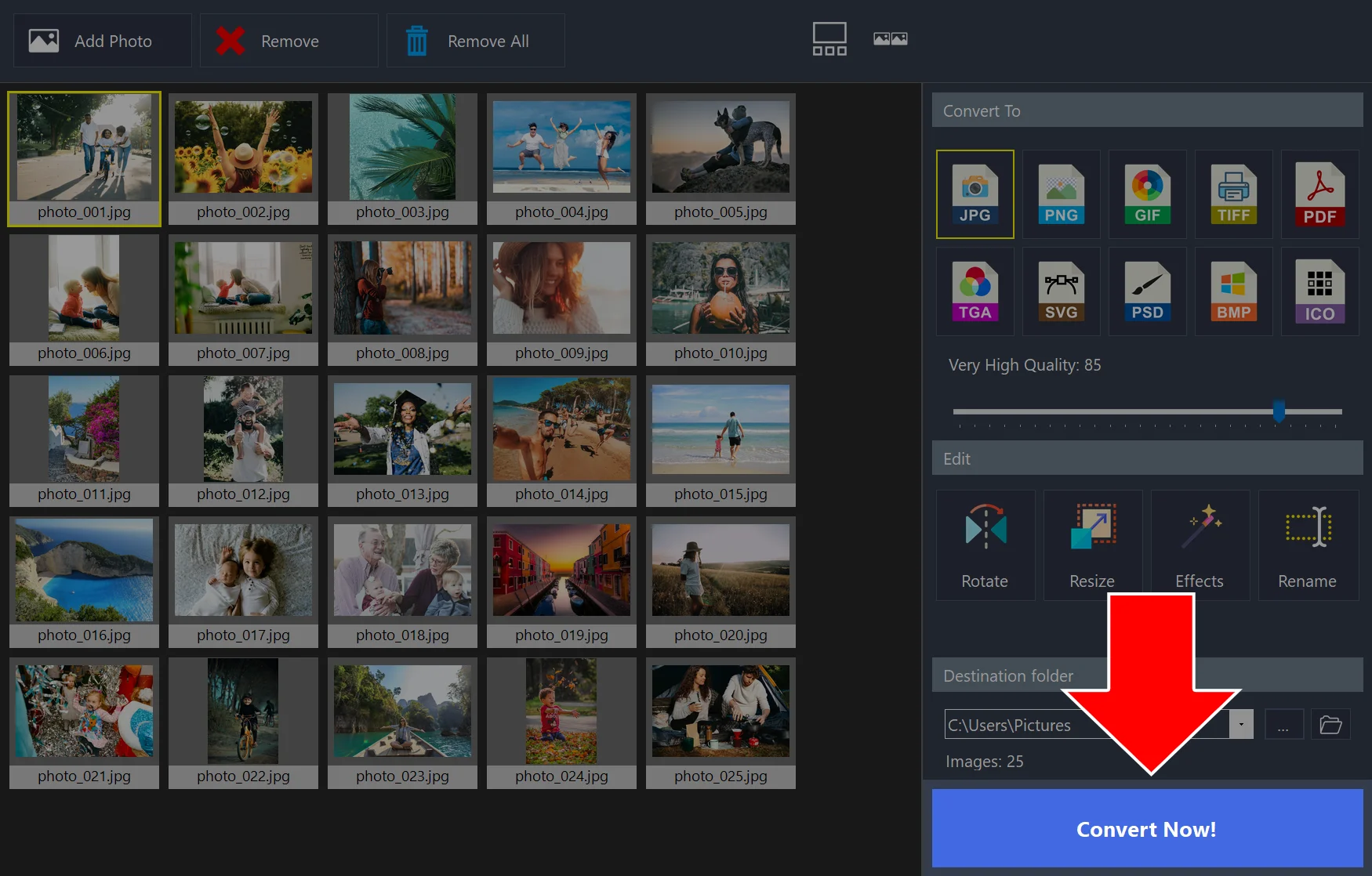 Image converter with an arrow pointing to the destination folder and the Convert Now! button