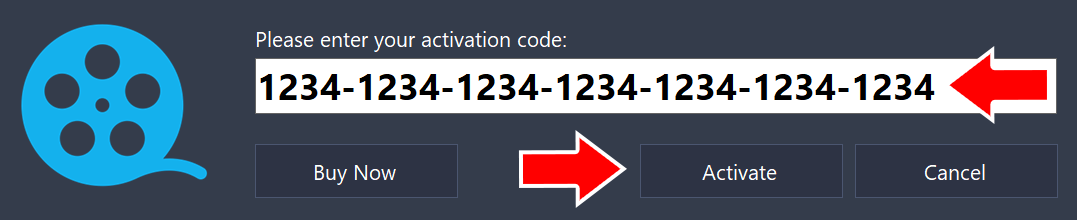 Activation Form with an activation code entered and arrows pointing to the code field and the Activate button