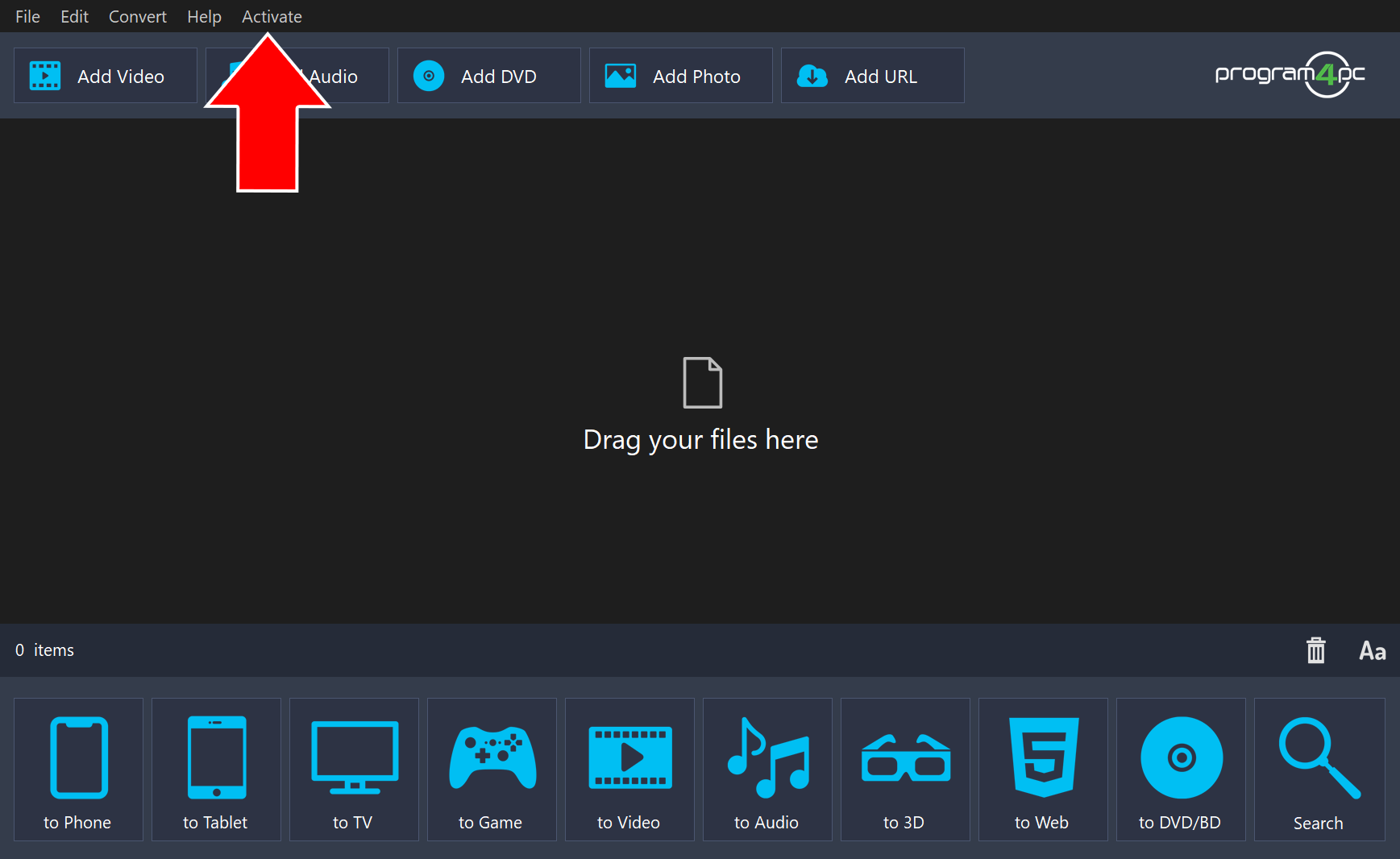 Video Converter Pro with an arrow pointing to the Activate menu in the menu bar
