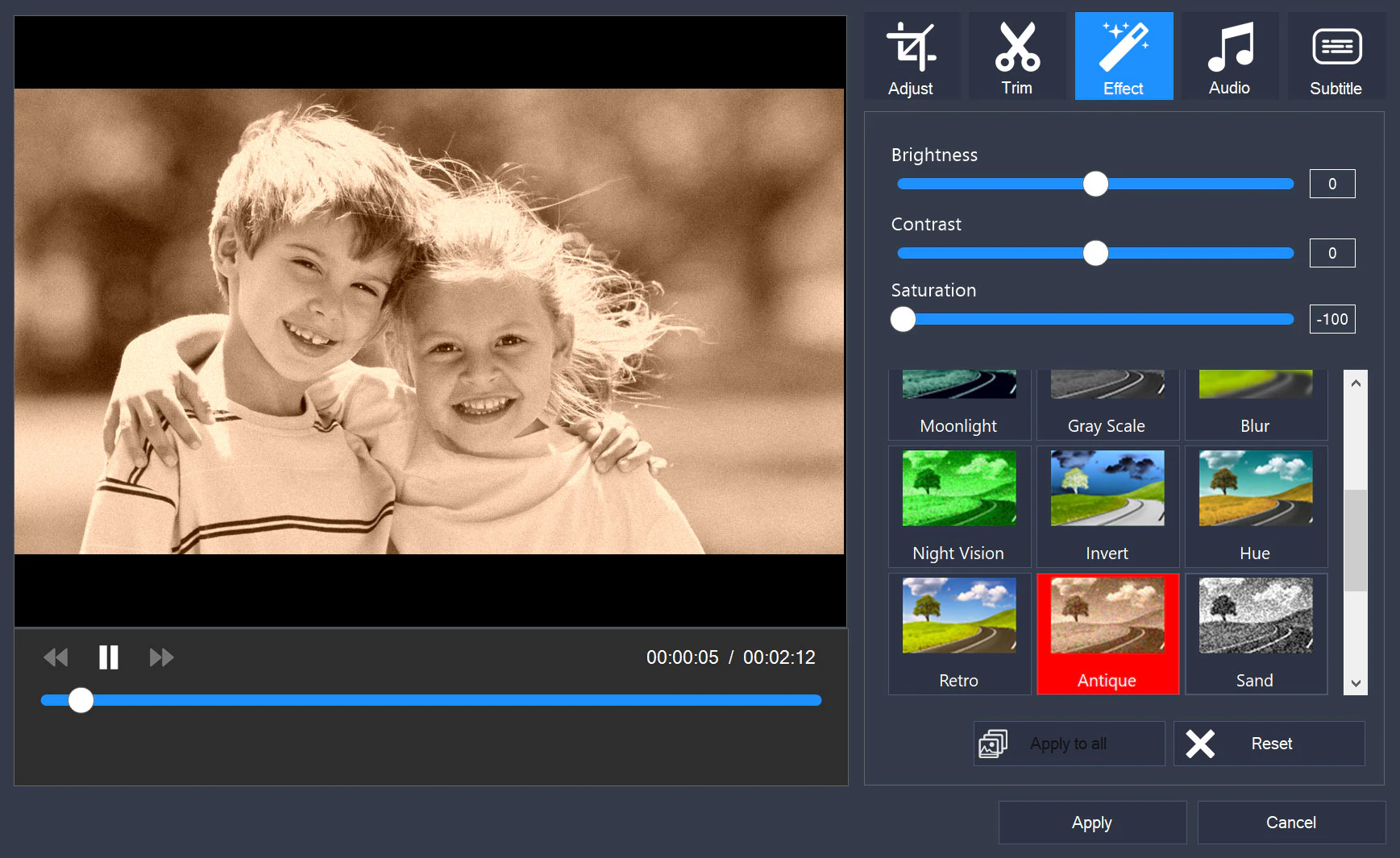 Editor on the Effect tab with the Antique effect selected and Brightness, Contrast, and Saturation sliders
