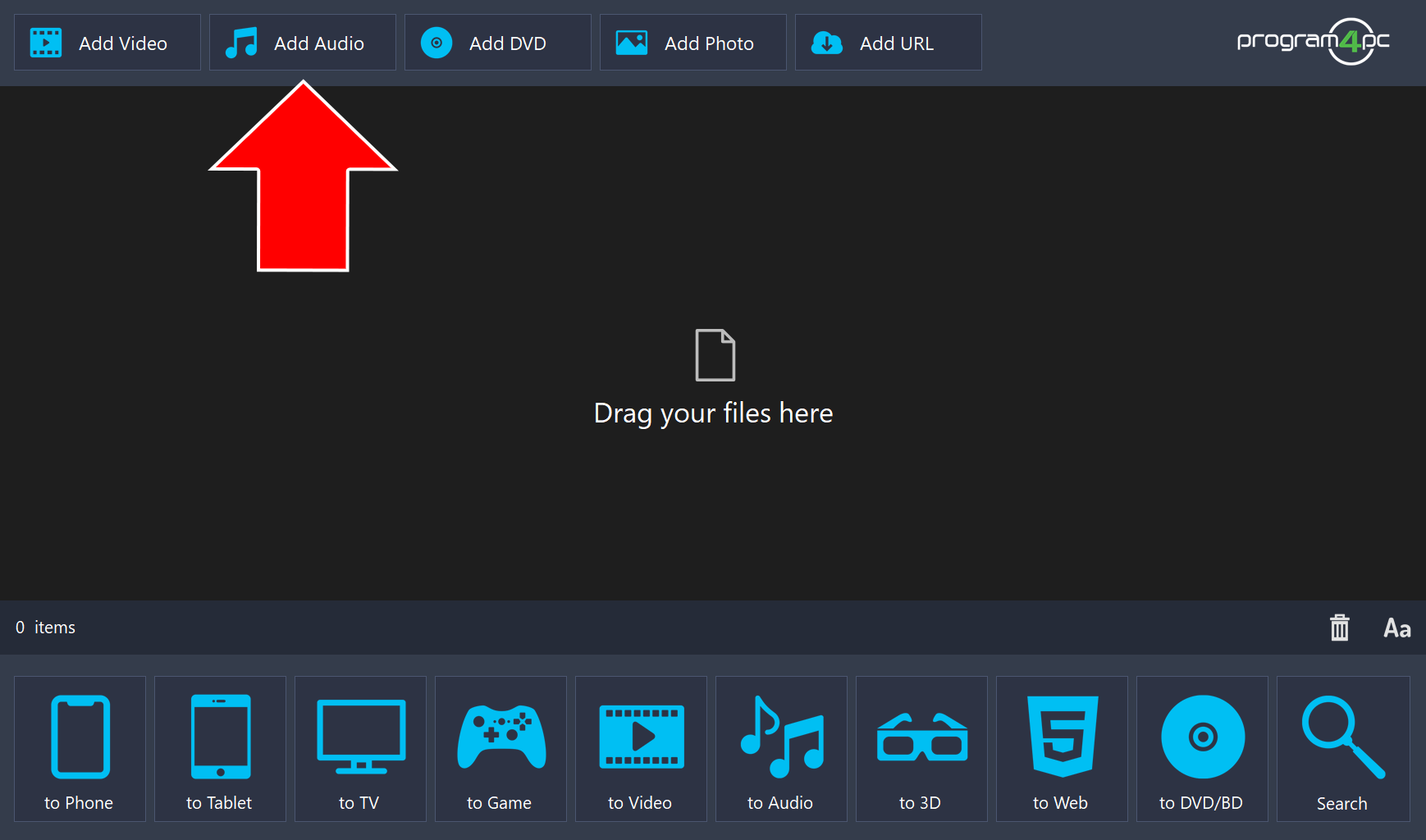 Video Converter Pro with an arrow pointing to the Add Audio button