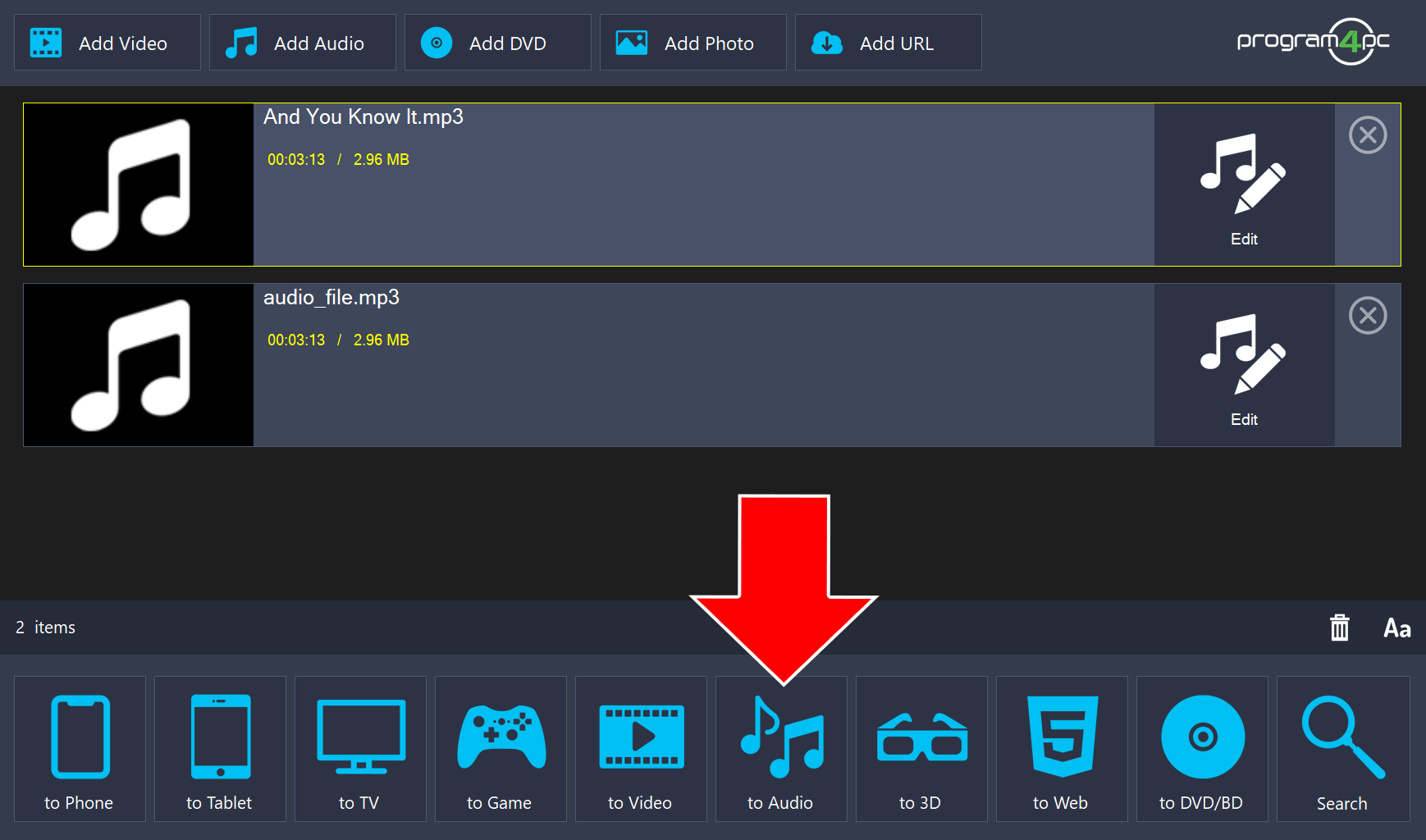 Two MP3 files in the list and an arrow pointing to the to Audio button