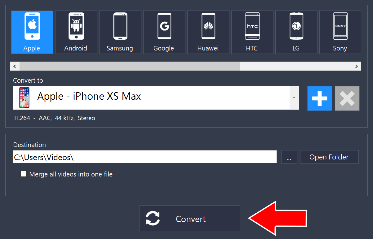 Output settings with Apple selected, Apple - iPhone XS Max in the Convert to list, and an arrow pointing to the Convert button