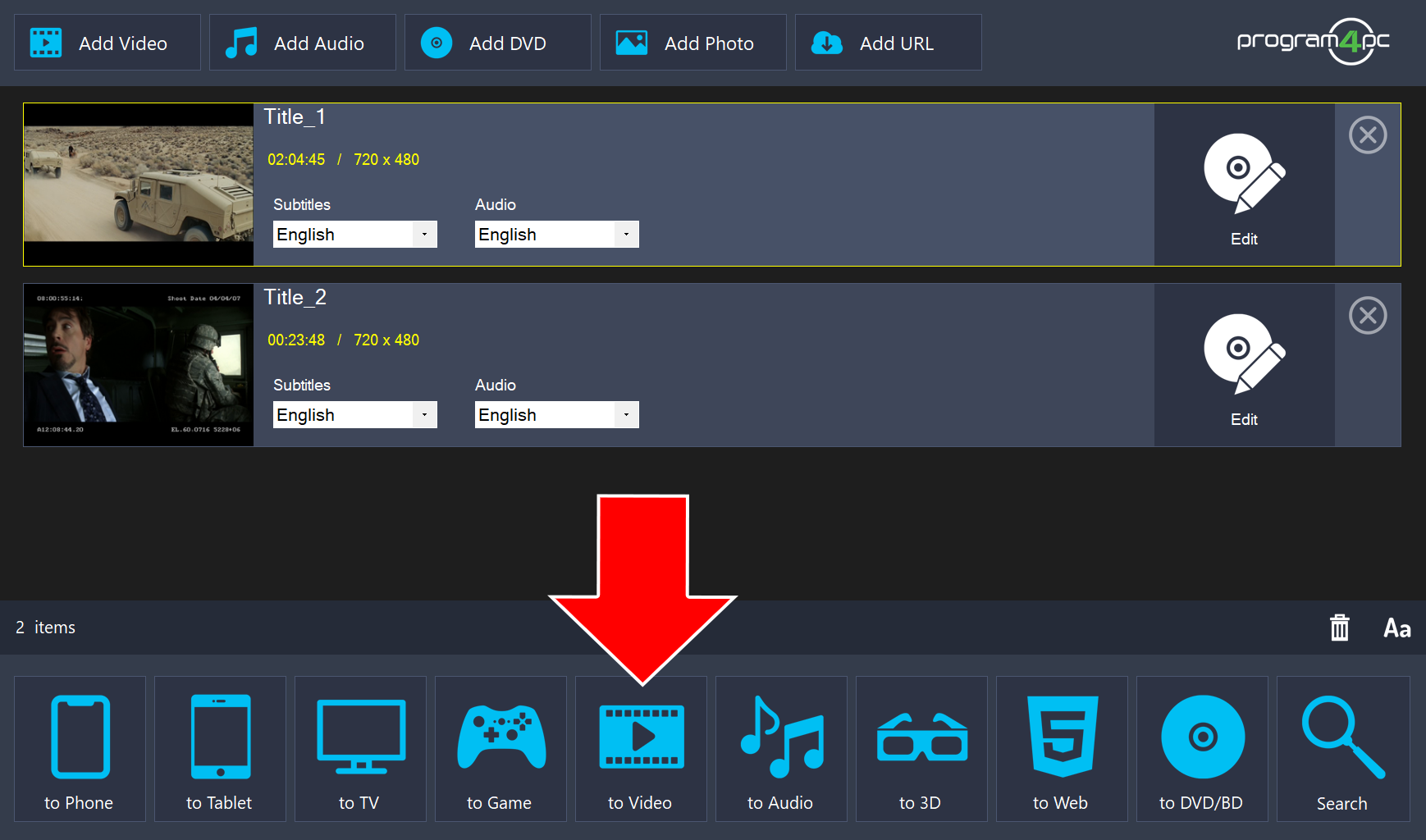 Two DVD titles in the list and an arrow pointing to the to Video button