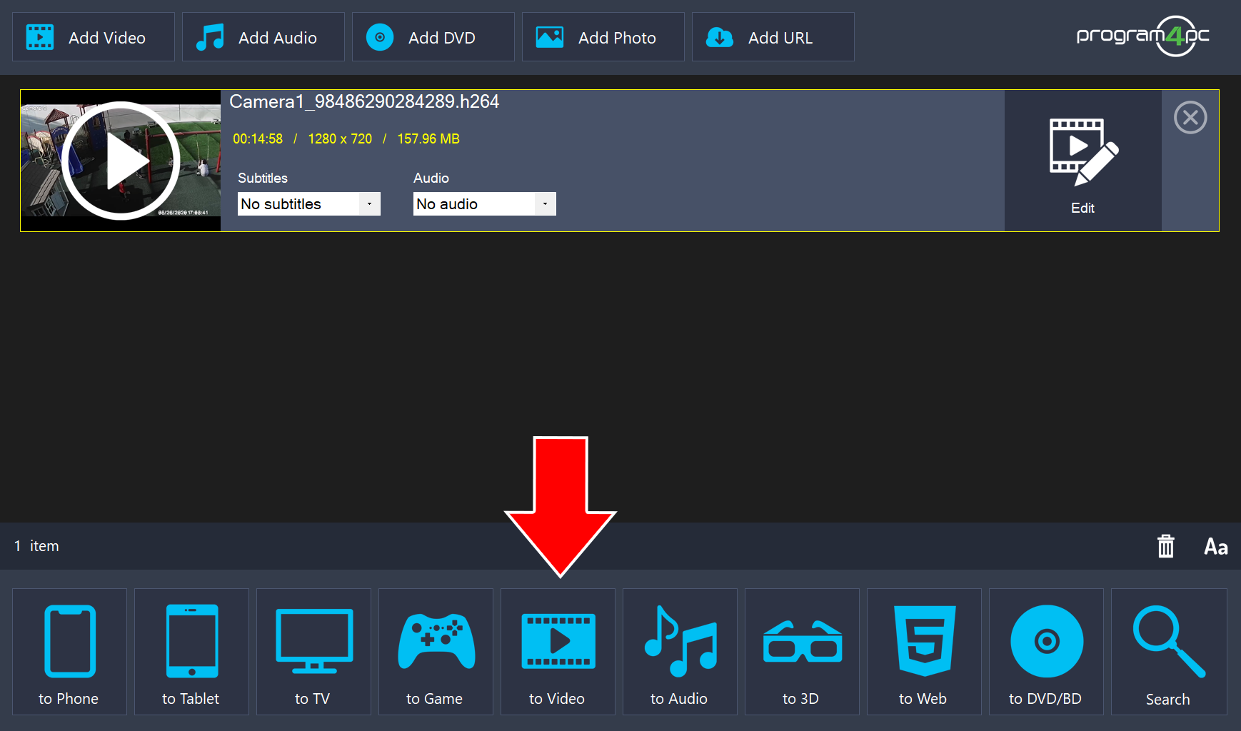 An .h264 file in the list and an arrow pointing to the to Video button